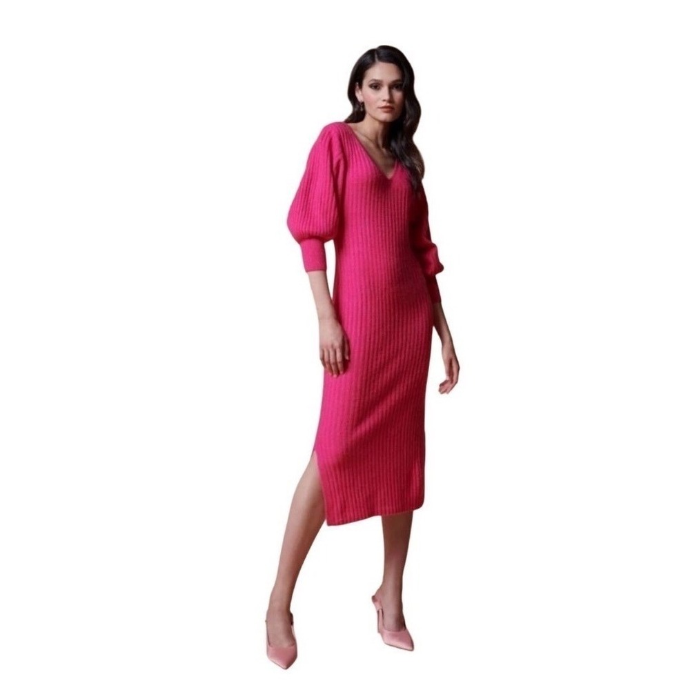 Rachel Parcell Pink Rouge ribbed knit sweater dress sz XS Vneck‎ bubble sleeve